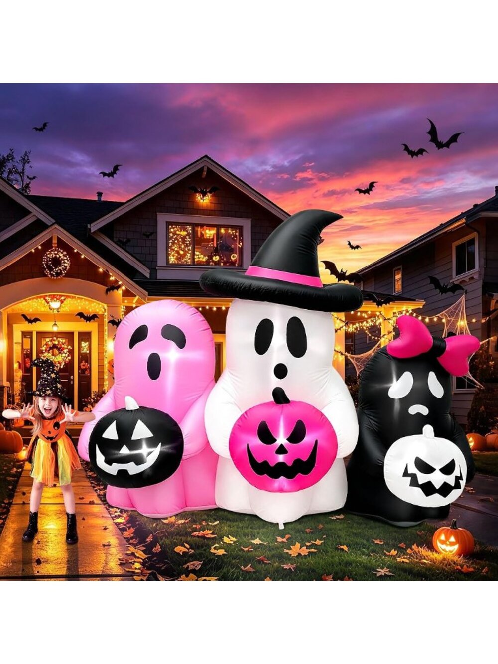 🎃Halloween Inflatable Pumpkin Pink Ghost Blow Up Yard Lawn Outdoor Decoration